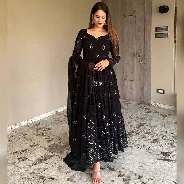 BLACK EMBROIDERED GEORGETTE ANARKALI SUIT SET