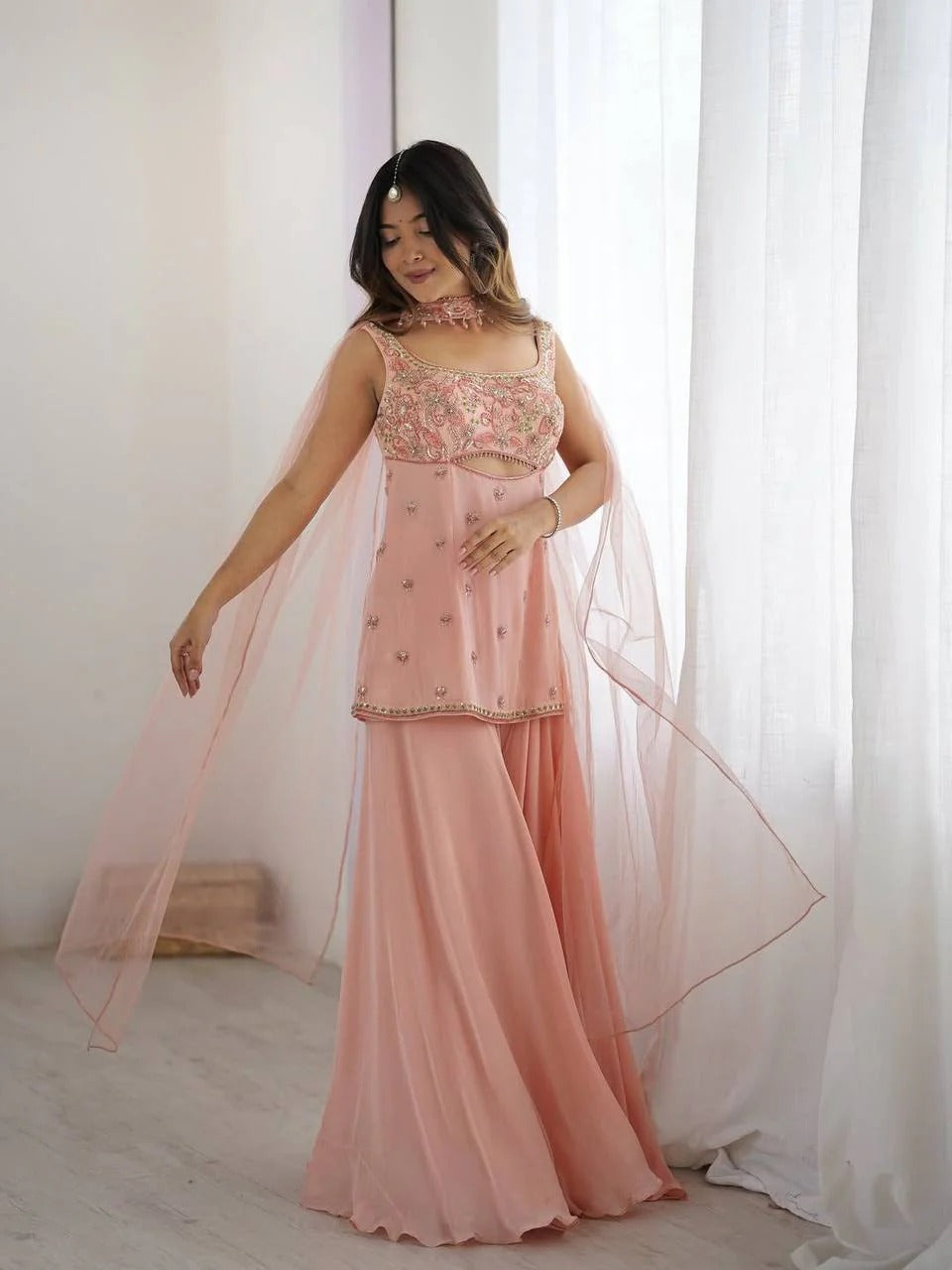 DESIGNER WEAR INDO WESTERN PAIR IN THREE PIECE WITH SEQUENCE EMBROIDERY WORK