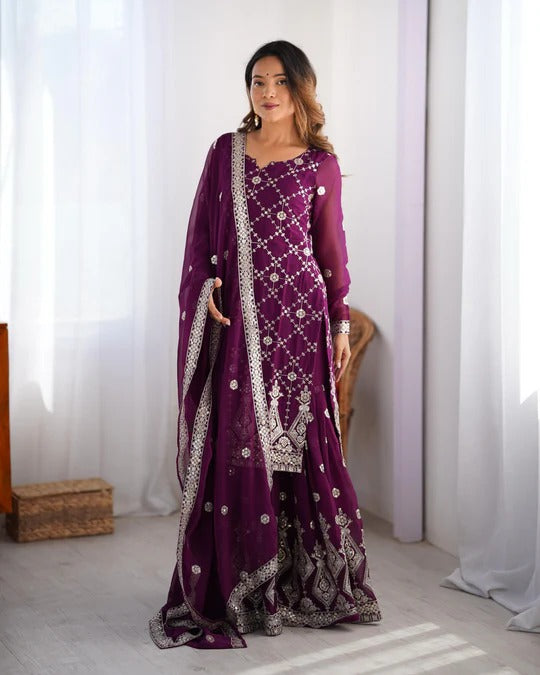 Festive Special Wine Color Party Wear Sequin Work Sharara Dress