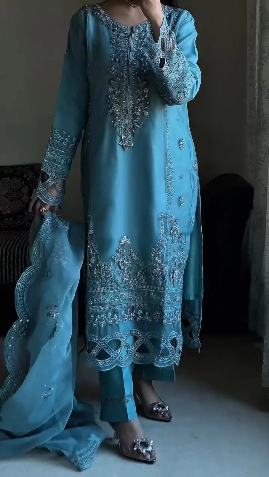 GEORGETTE FABRIC TOP AND PANT WITH DUPATTA IN SEQUENCE EMBROIDERY AND CUT WORK