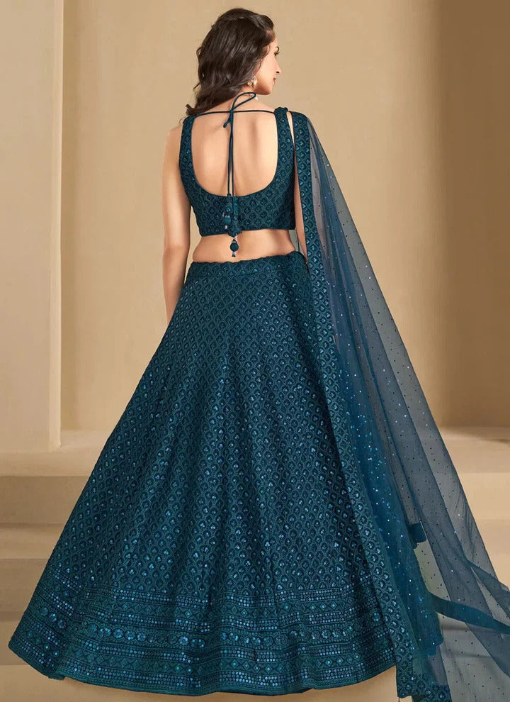 Most Trending Peacock Blue Embroidery With Sequin Work Lehenga Choli