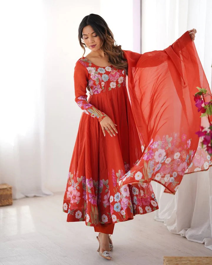 Most Trending Pure Organza Silk Printed Anarkali Suit