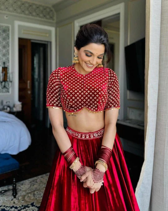 Buy Red Color Wedding Wear Velvet Designer Lehenga Choli