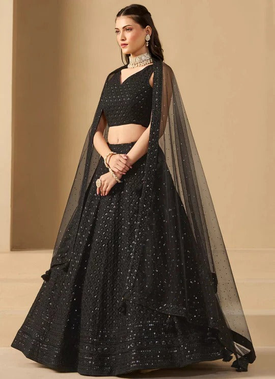 Most Trending Black Embroidery With Sequin Work Lehenga Choli