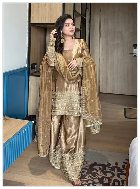 Festive Special Golden Color Party Wear Plazzo Suit with Dupatta