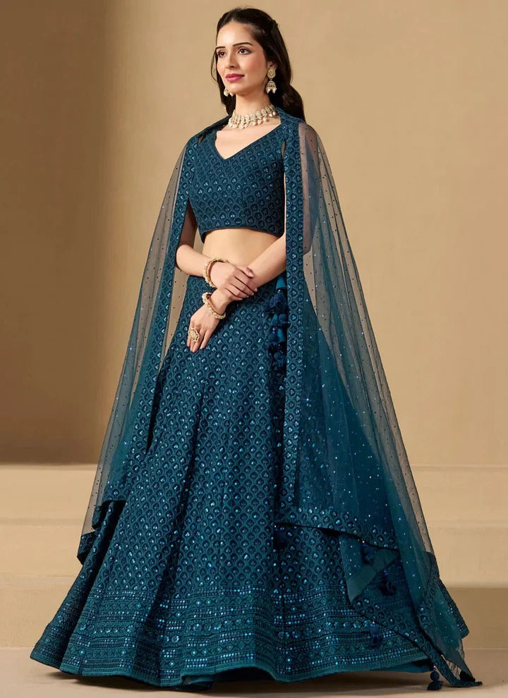 Most Trending Peacock Blue Embroidery With Sequin Work Lehenga Choli