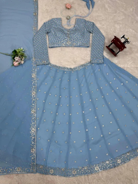 Most attractive Sky Blue Color Embroidery Designer Lehenga Choli