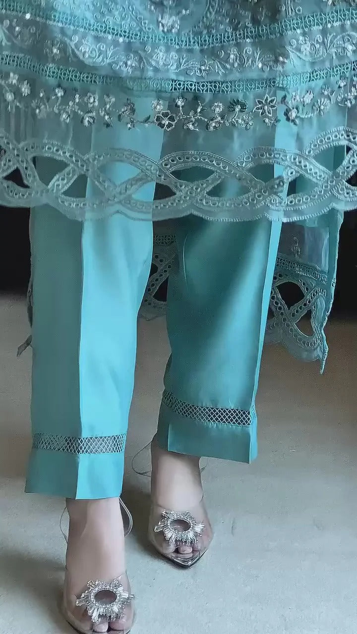 GEORGETTE FABRIC TOP AND PANT WITH DUPATTA IN SEQUENCE EMBROIDERY AND CUT WORK