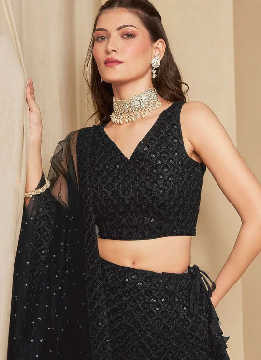 Most Trending Black Embroidery With Sequin Work Lehenga Choli