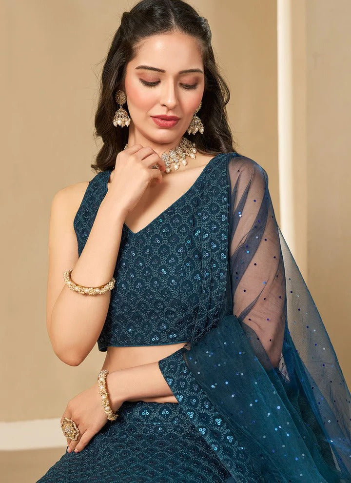 Most Trending Peacock Blue Embroidery With Sequin Work Lehenga Choli