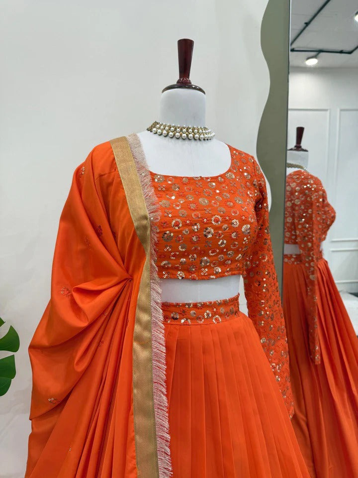 Most Trending Orange Color Party Wear Designer Lehenga Choli
