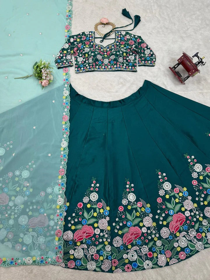Wedding Special Semi Stitiched Green Color Lehenga Choli