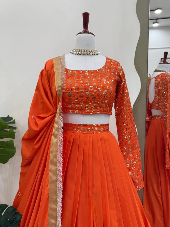 Most Trending Orange Color Party Wear Designer Lehenga Choli