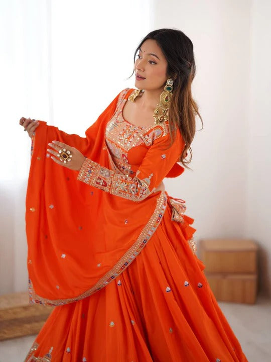 Buy Beautiful Orange Color Embroidery With Sequin Work Lehenga Choli