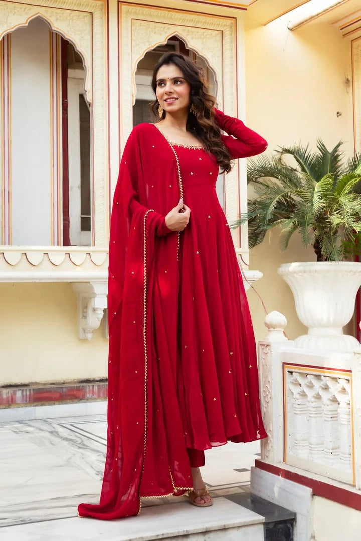 Most Trending Festive Special Fully Flair Red Color Anarkali Suit