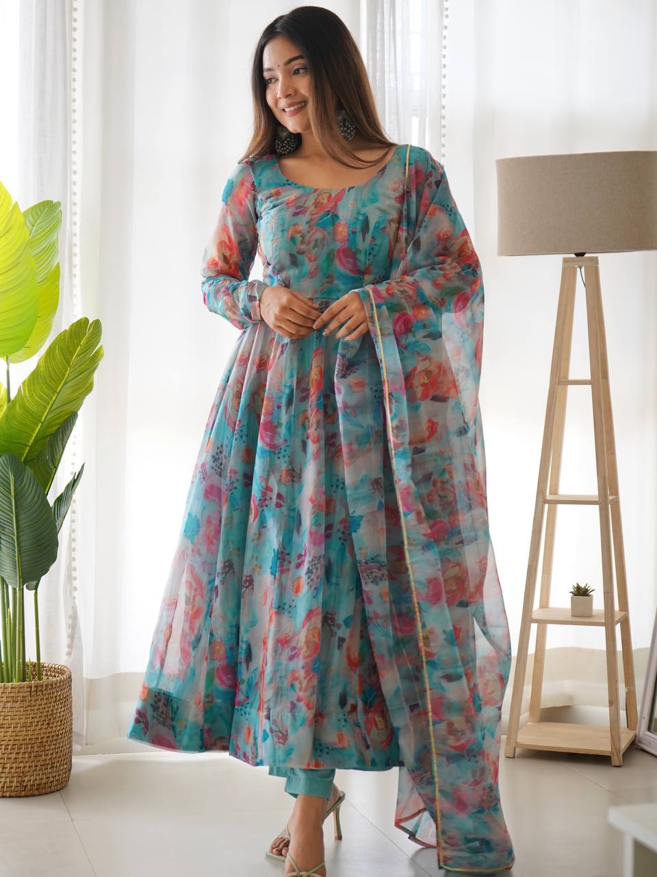 Sky Stains Organza Printed Anarkali Gown With Dupatta Set