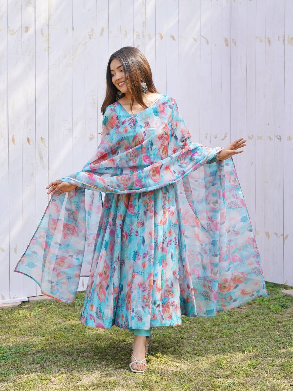 Sky Stains Organza Printed Anarkali Gown With Dupatta Set