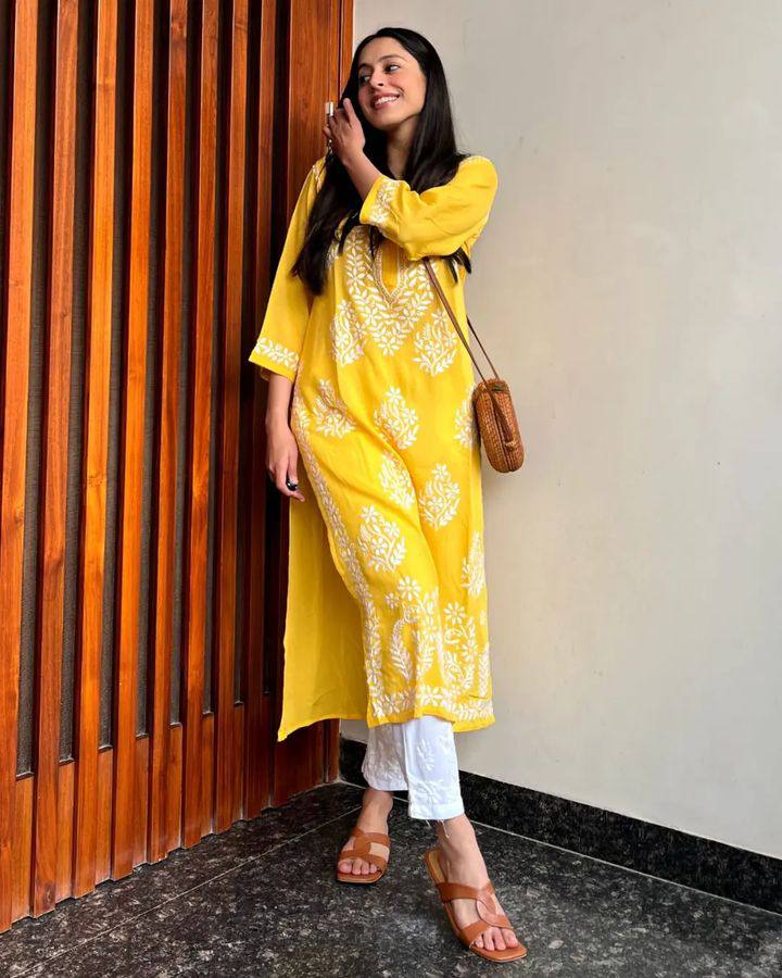 WOMEN CHIKAN EMBROIDERY Kurti_Pent Pair Design (Yellow)