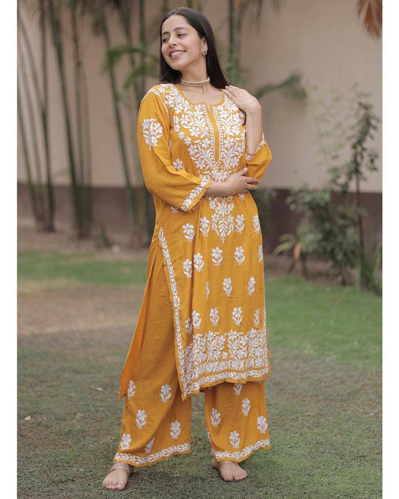 New Chikankari Exclusive Kurti_Pent Pair Design(Yellow)