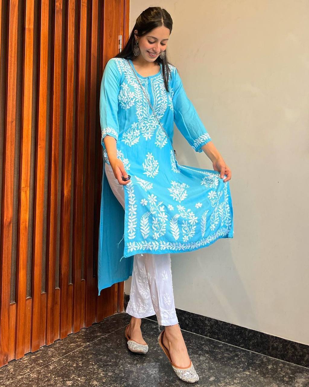 WOMEN CHIKAN EMBROIDERY Kurti_Pent Pair Design (Sky Blue)