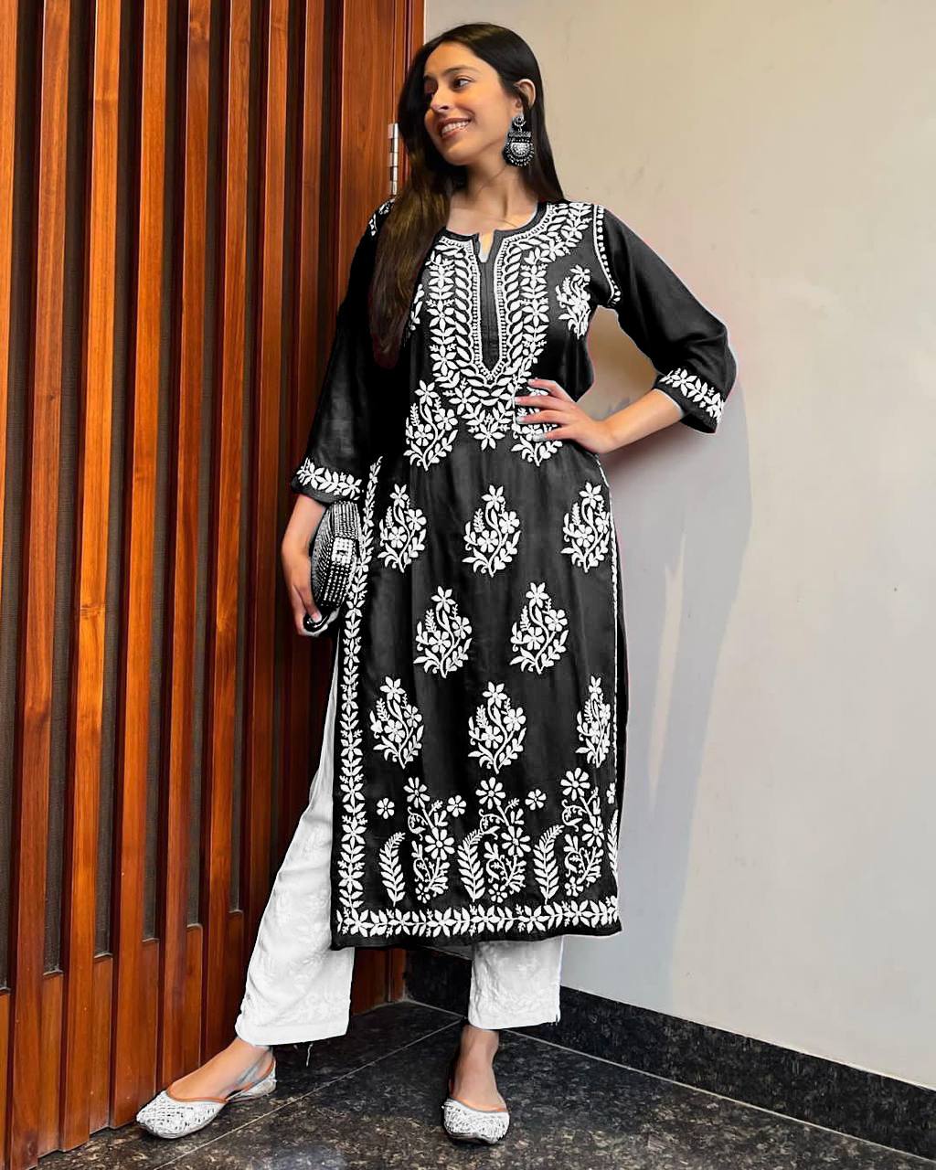 WOMEN CHIKAN EMBROIDERY Kurti_Pent Pair Design (Black)