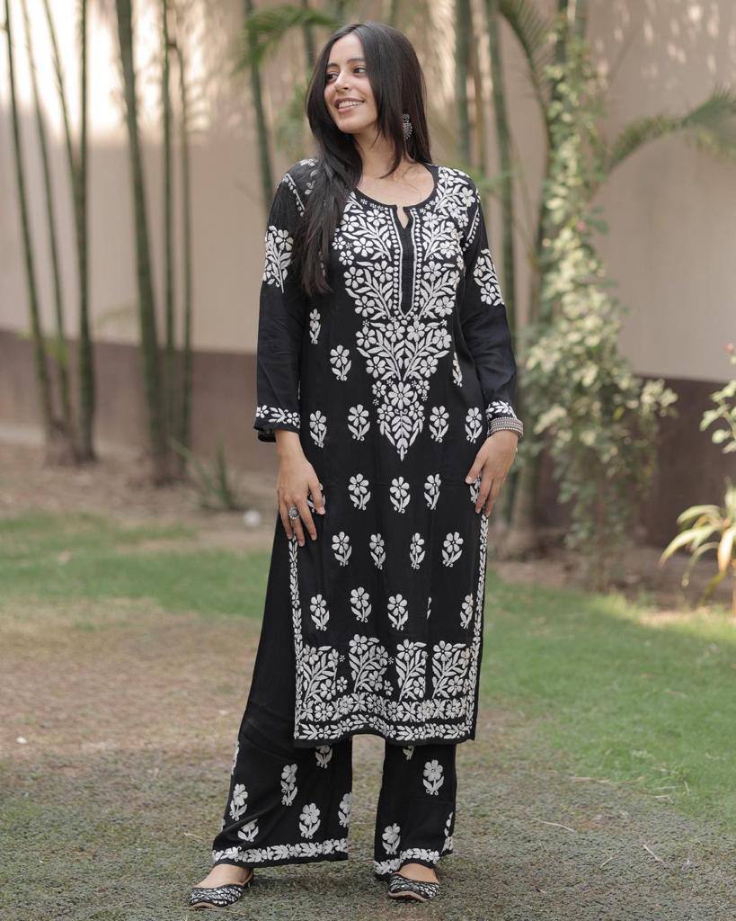 New Chikankari Exclusive Kurti_Pent Pair Design(Black)