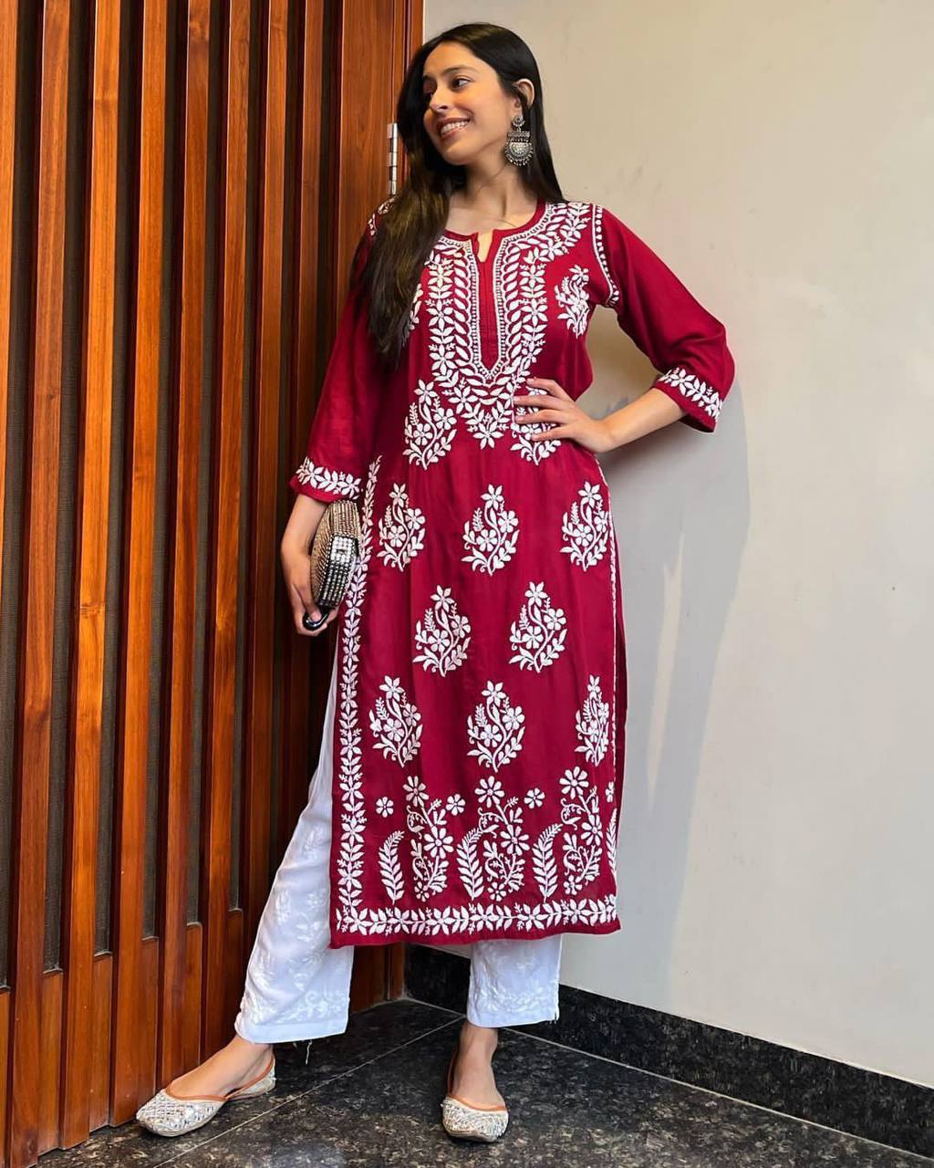 WOMEN CHIKAN EMBROIDERY Kurti_Pent Pair Design (MAROON)