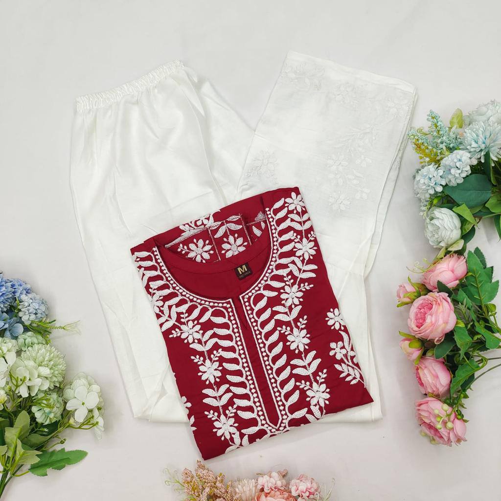 WOMEN CHIKAN EMBROIDERY Kurti_Pent Pair Design (MAROON)
