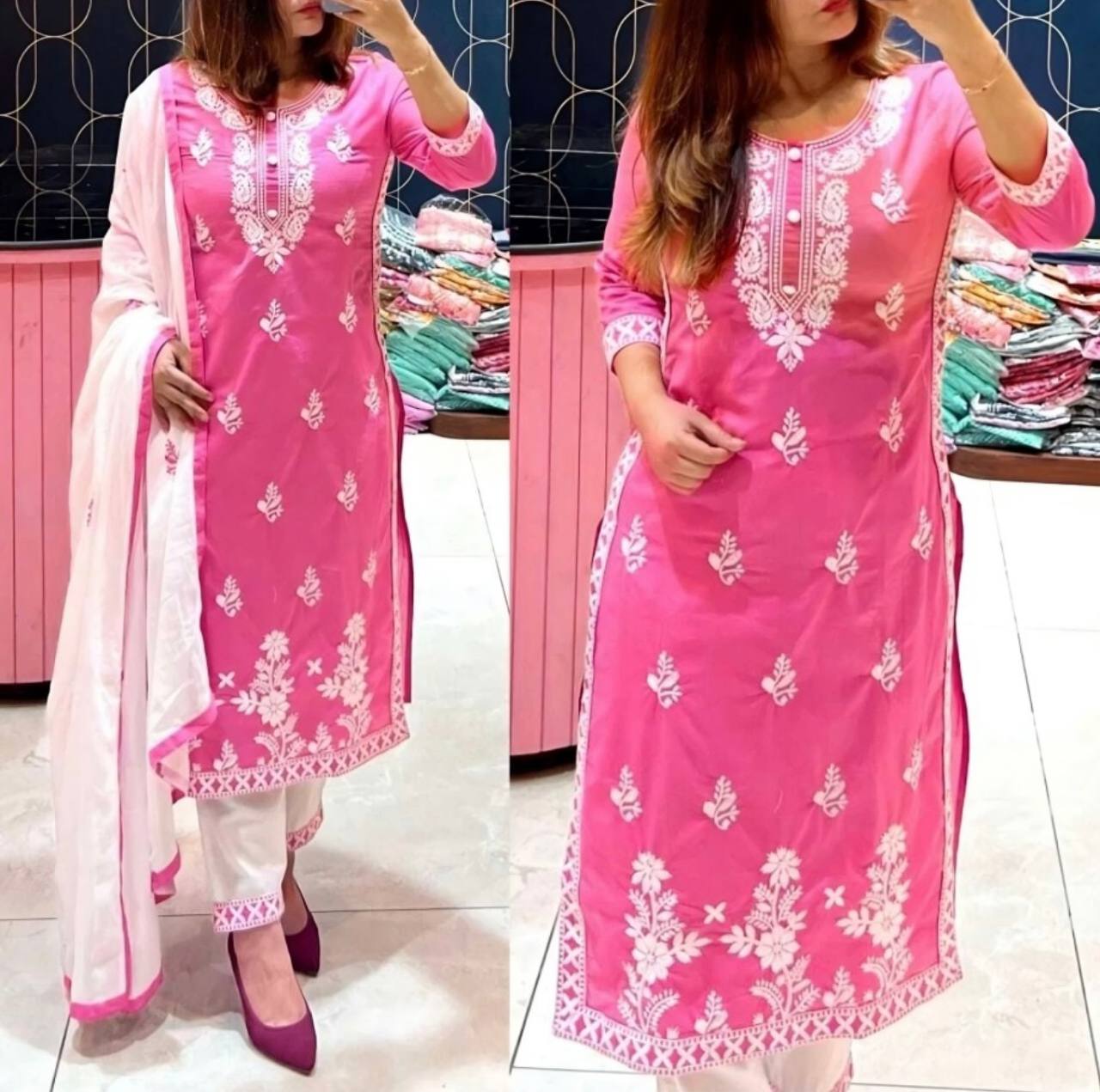 Exclusive Chikankari Kurti_Pant Set With Dupatta (Pink)