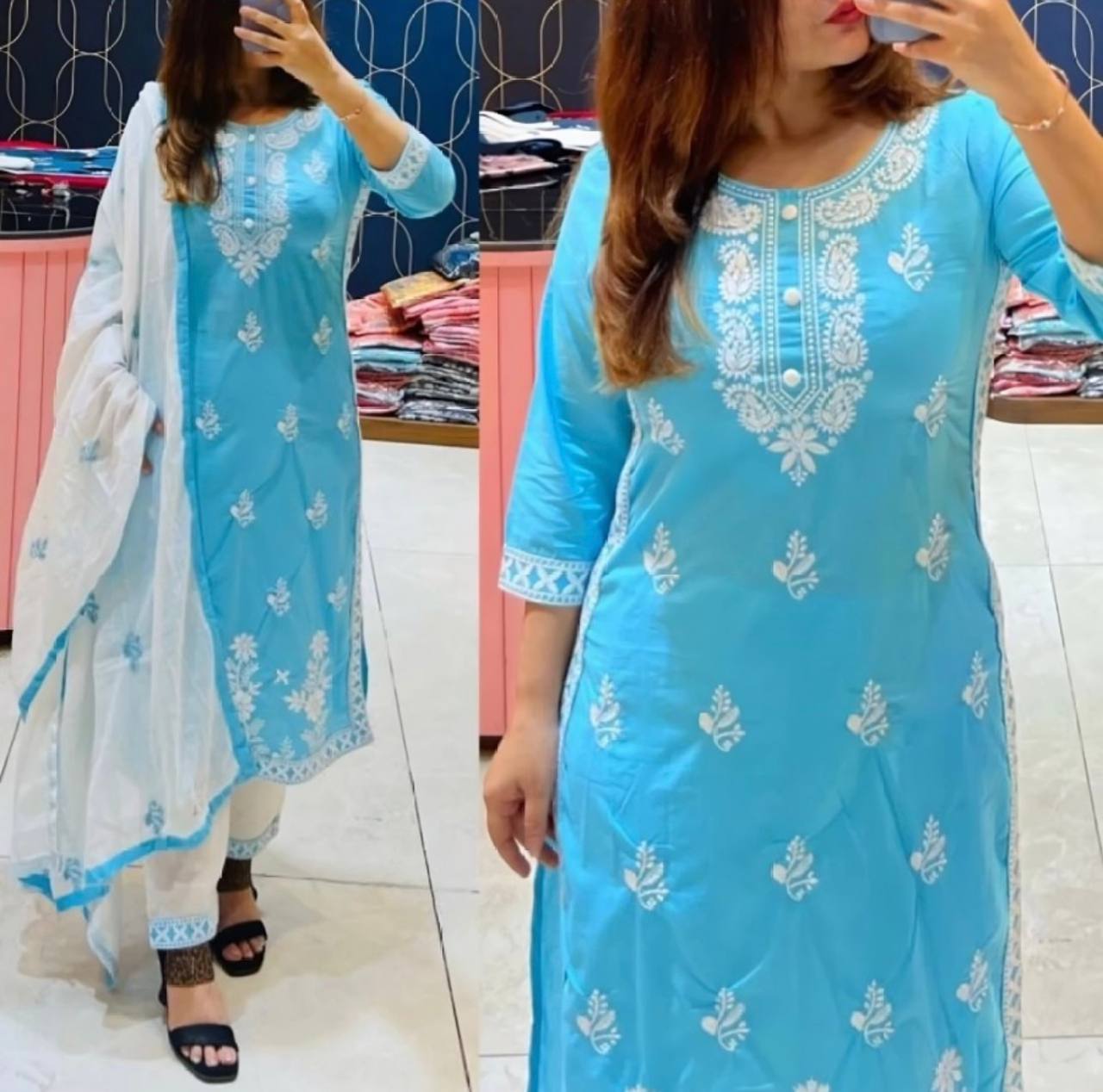 Exclusive Chikankari Kurti_Pant Set With Dupatta (Blue )