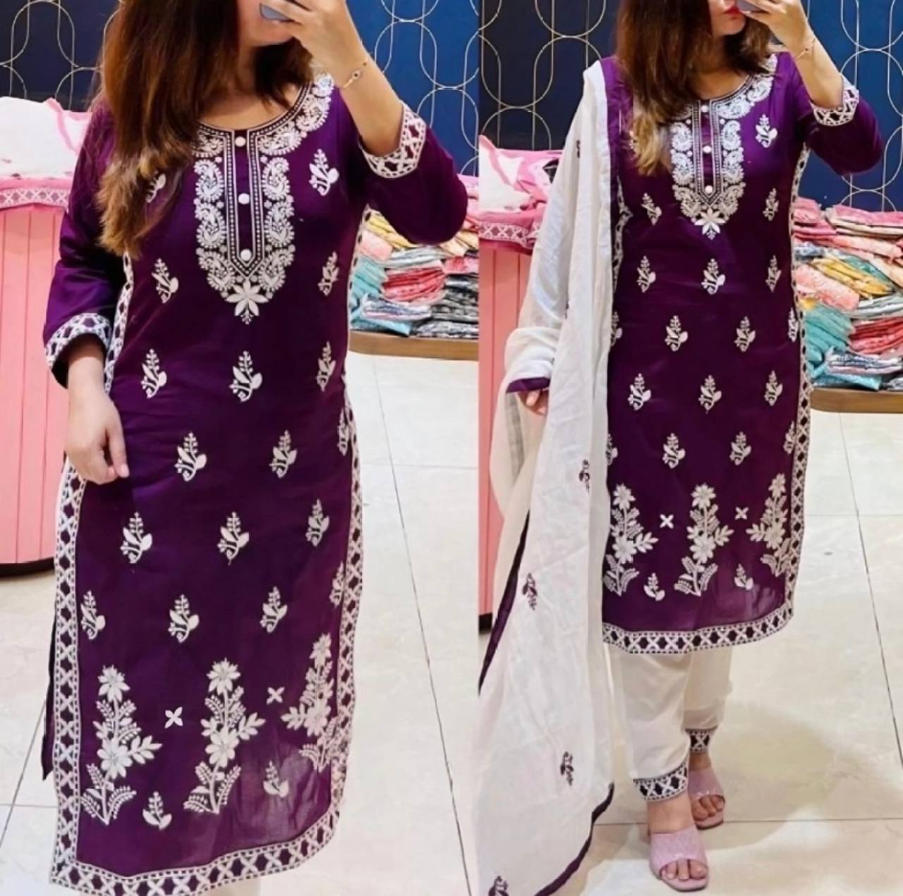 Exclusive Chikankari Kurti_Pant Set With Dupatta (Purple)