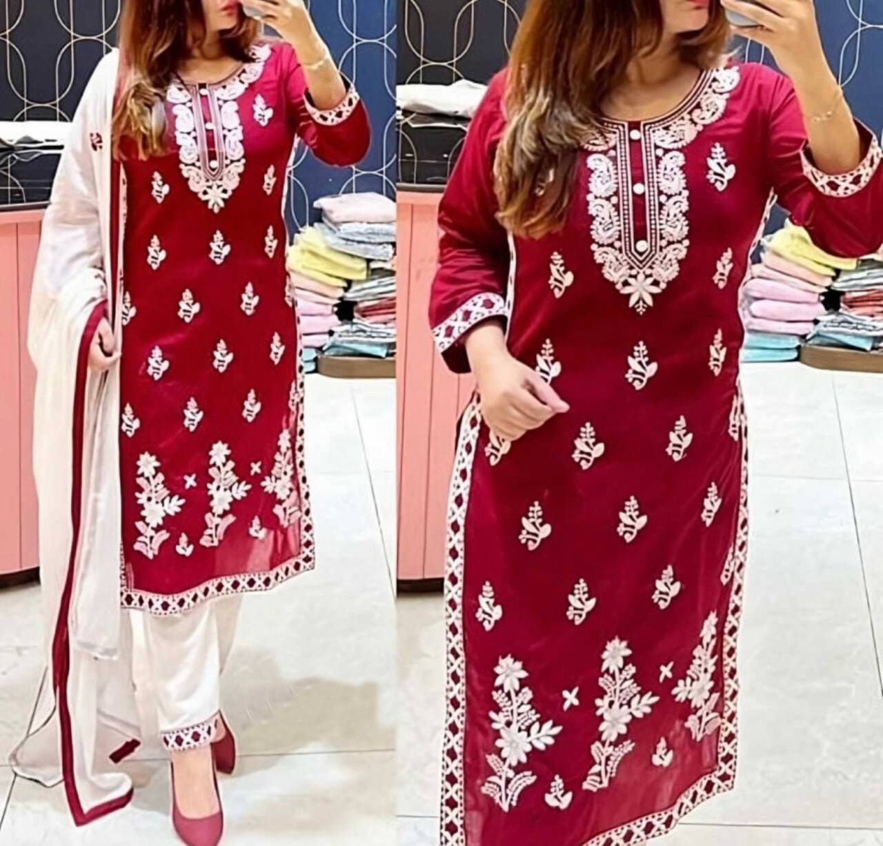 Exclusive Chikankari Kurti_Pant Set With Dupatta (Maroon )