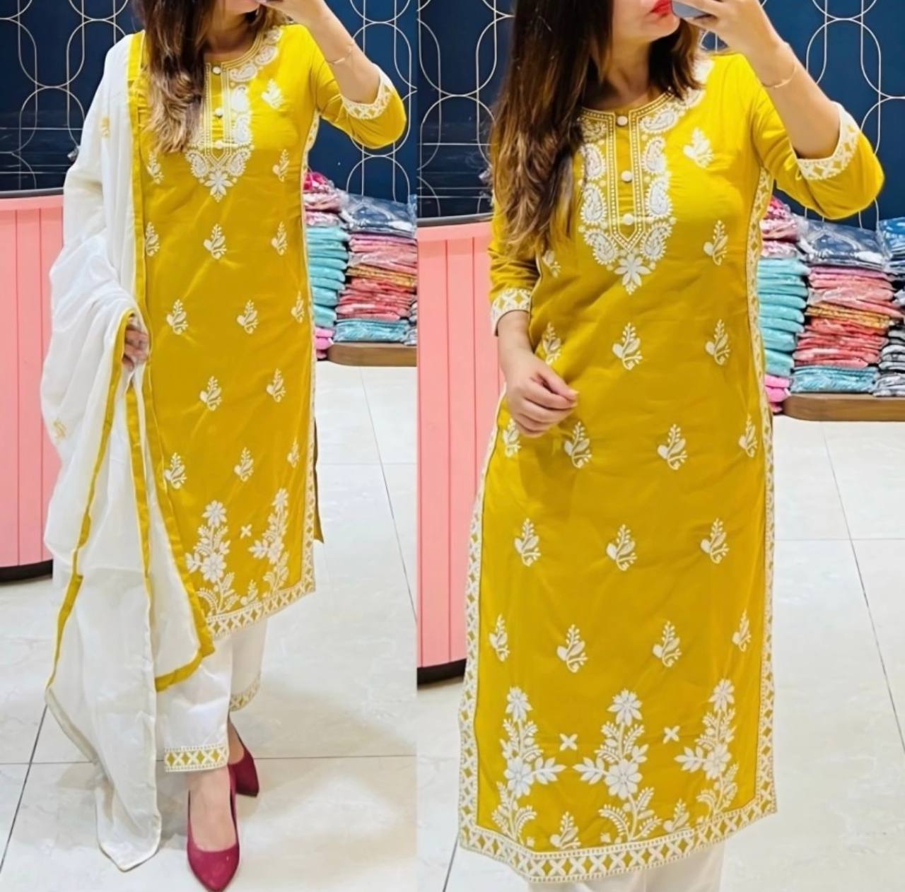 Exclusive Chikankari Kurti_Pant Set With Dupatta (yellow )