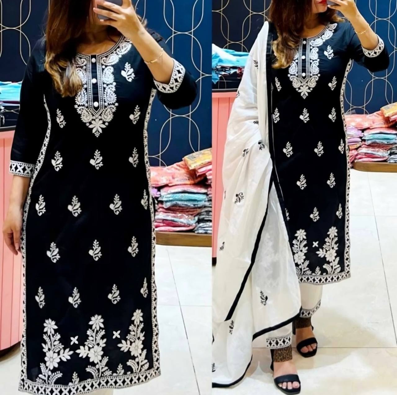 Exclusive Chikankari Kurti_Pant Set With Dupatta (Black )