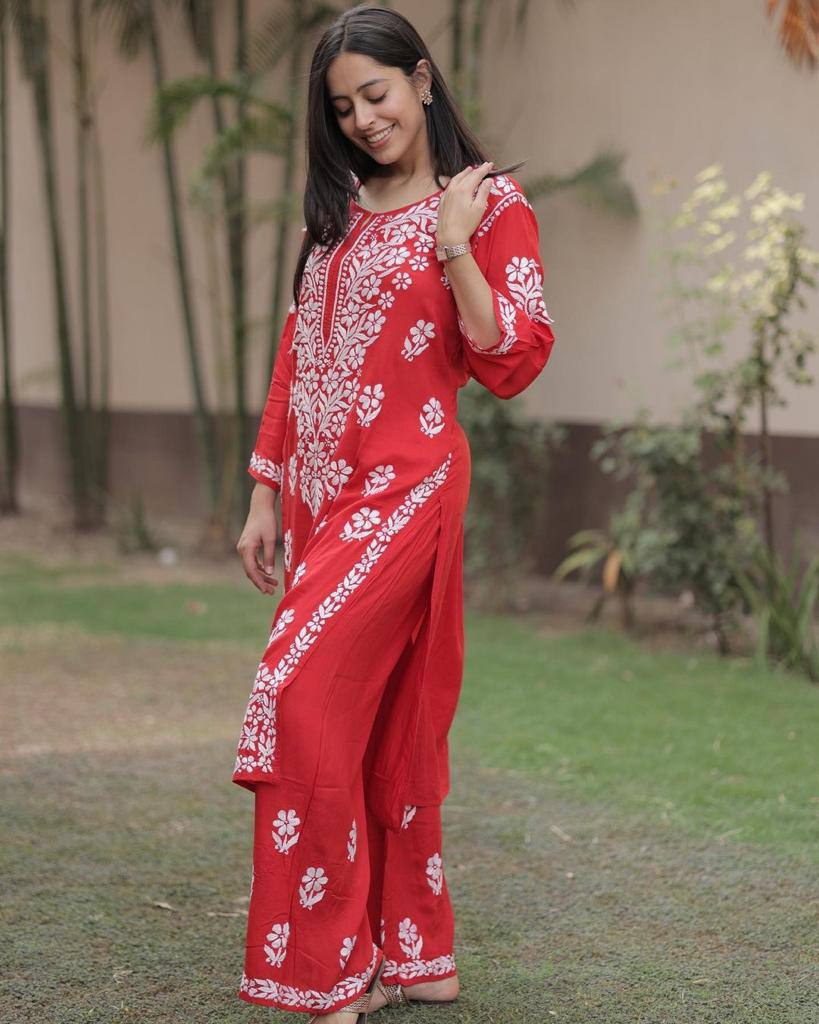 New Chikankari Exclusive Kurti_Pent Pair Design(Red)