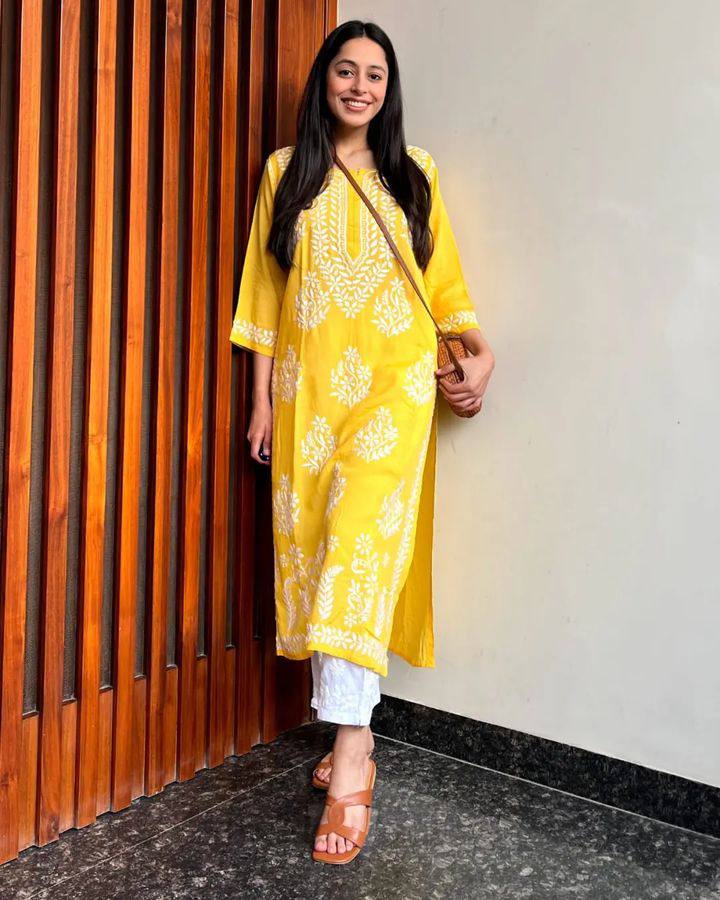 WOMEN CHIKAN EMBROIDERY Kurti_Pent Pair Design (Yellow)