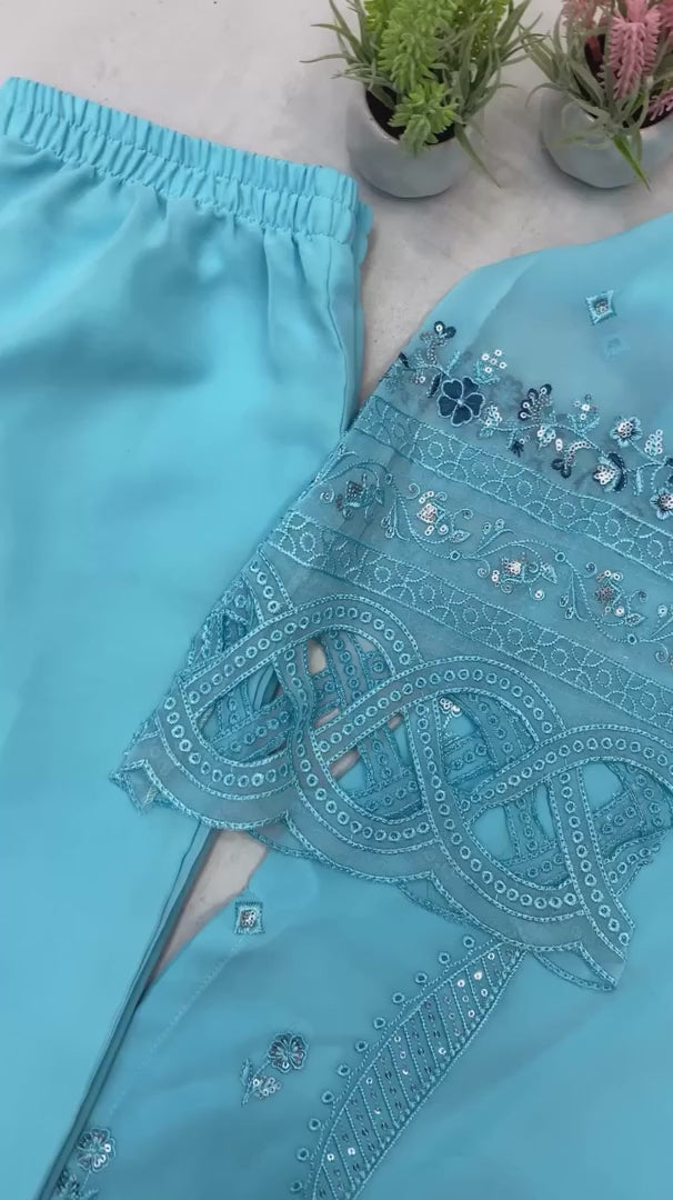 GEORGETTE FABRIC TOP AND PANT WITH DUPATTA IN SEQUENCE EMBROIDERY AND CUT WORK